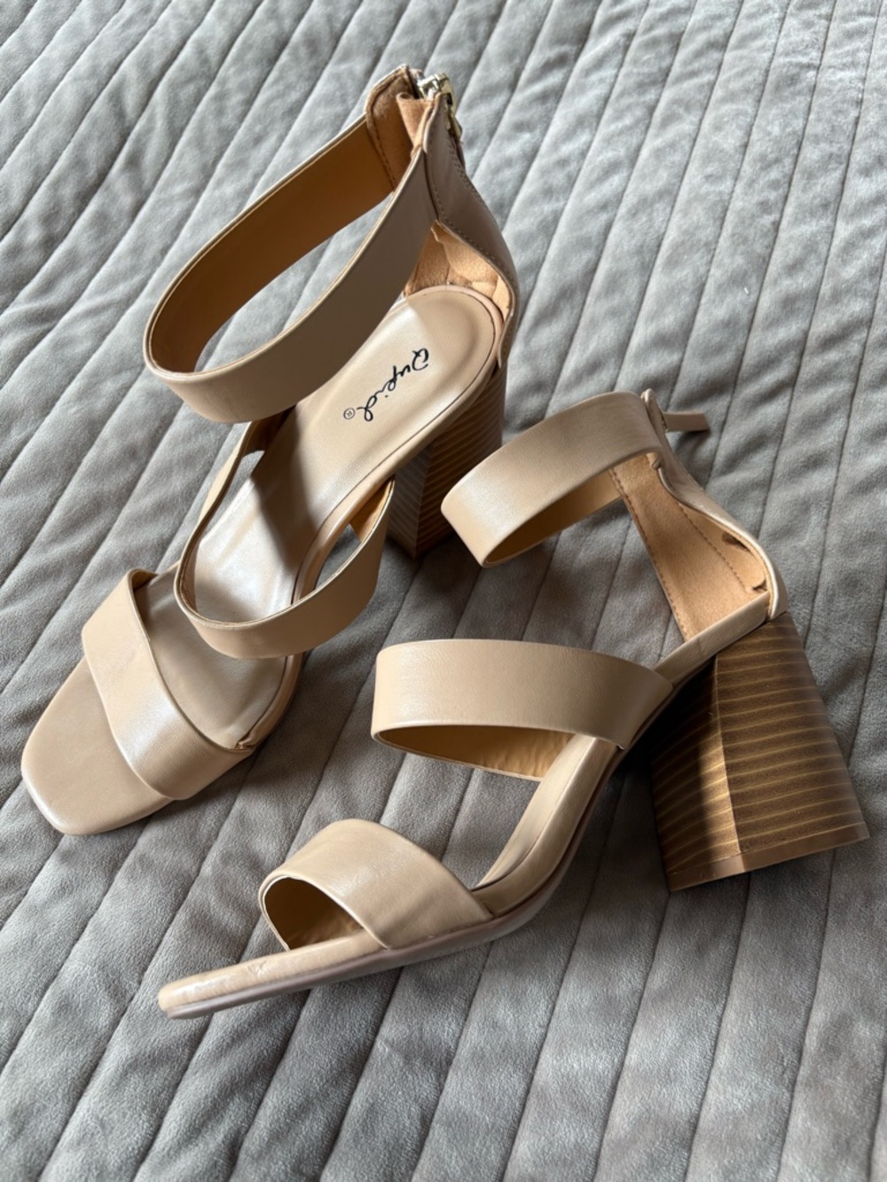 Qupid Taupe Block Heel Ankle Strap Sandals